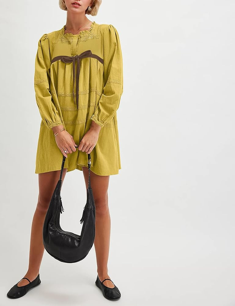 Women Flowy Long Puff Sleeve Mini Dress Casual Bow Tie Front A-line Tunic Dress Lace Embroidered ... | Amazon (US)