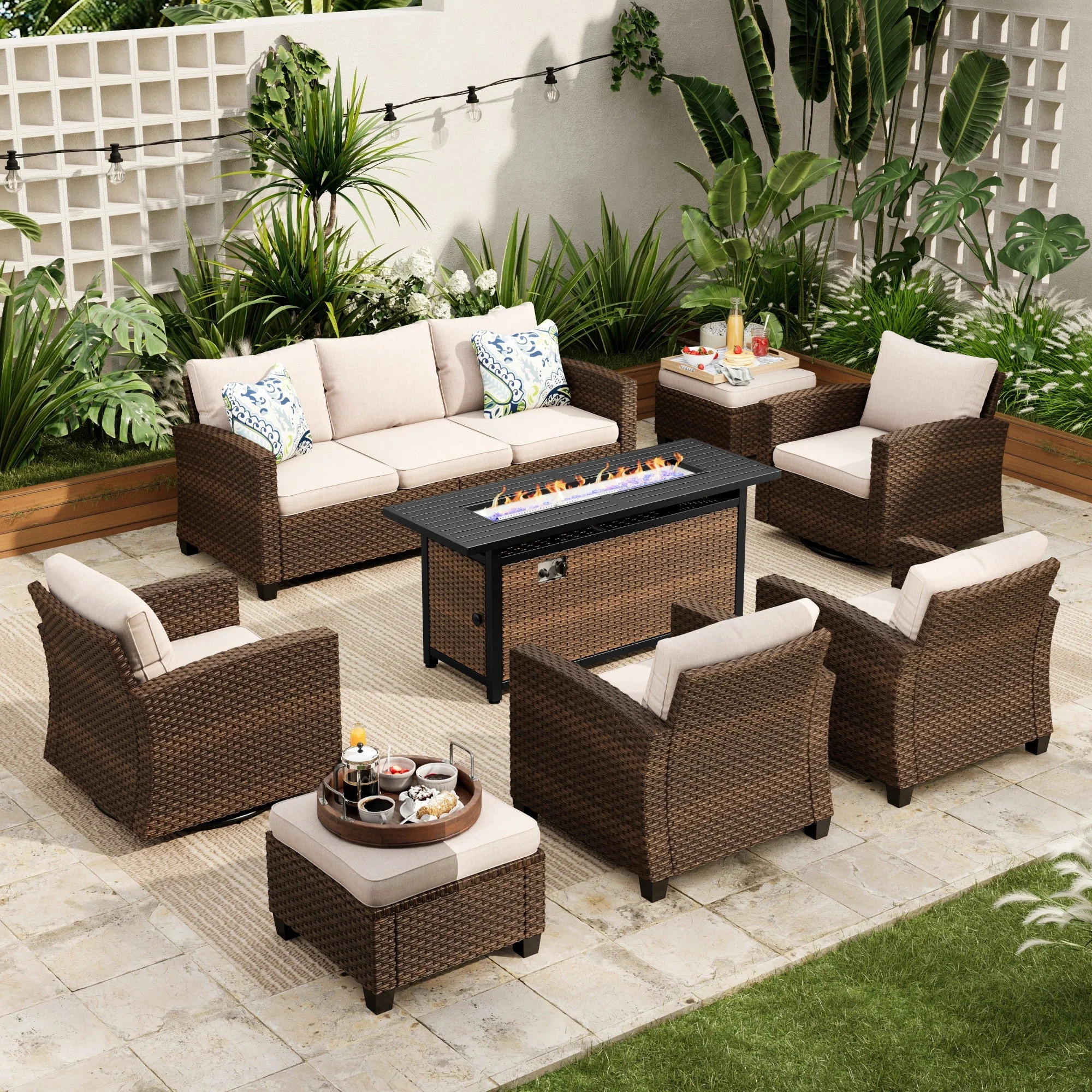 Sophia & William 8 Pieces Patio Furniture Set with Swivel Chairs and 56” Fire Pit Table, Beige | Walmart (US)