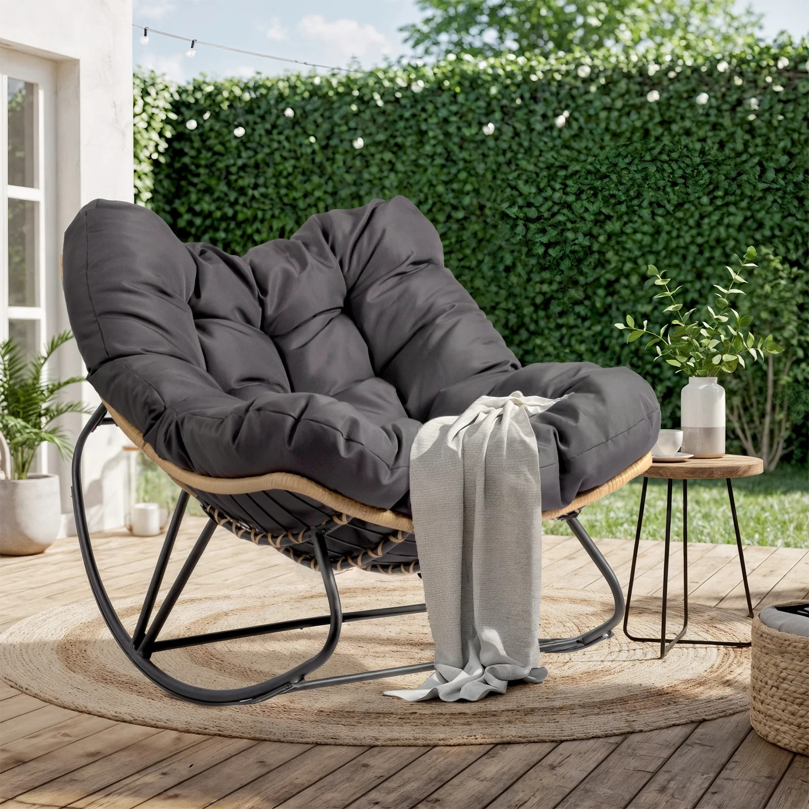 Ktaxon Oversized Rattan Papasan Chair, Outdoor Steel Wicker Rocking Seating with Thick Padded Cus... | Walmart (US)
