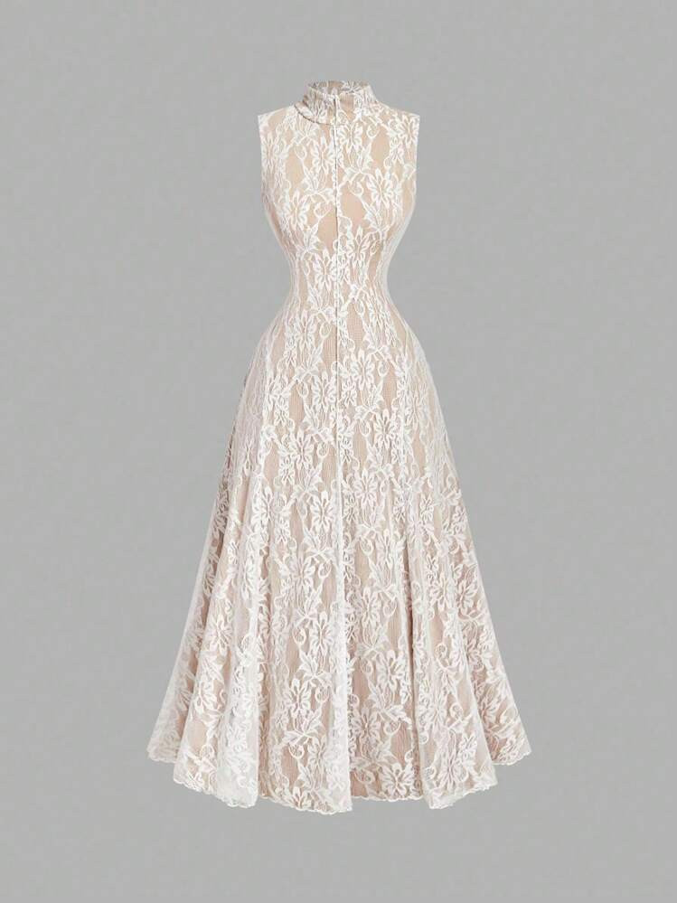 SHEIN MOD Stand Collar Flare Apricot Lace Elegant Dress Vintage | SHEIN USA | SHEIN