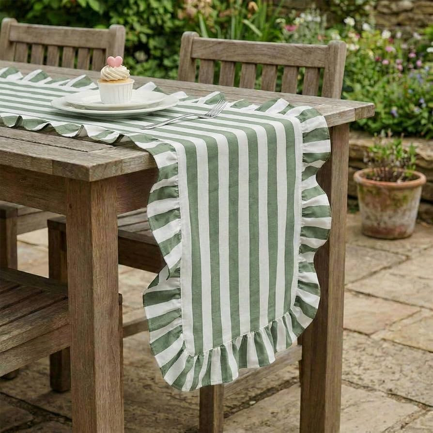 Tegeme Green and White Stripe Ruffle Table Runner 100% Cotton Scalloped Table Runner for Home Din... | Amazon (US)