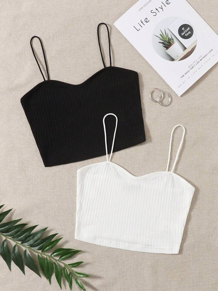 SHEIN EZwear Women's 2pcs Solid Color Knitted Camisole Tank Tops | SHEIN