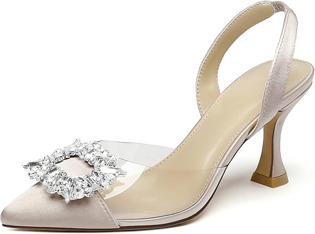 Susanny Women's Closed Toe Rhinstone Wedding Low Heel Slingback Clear Kitten Heels,Adjustable Str... | Amazon (US)