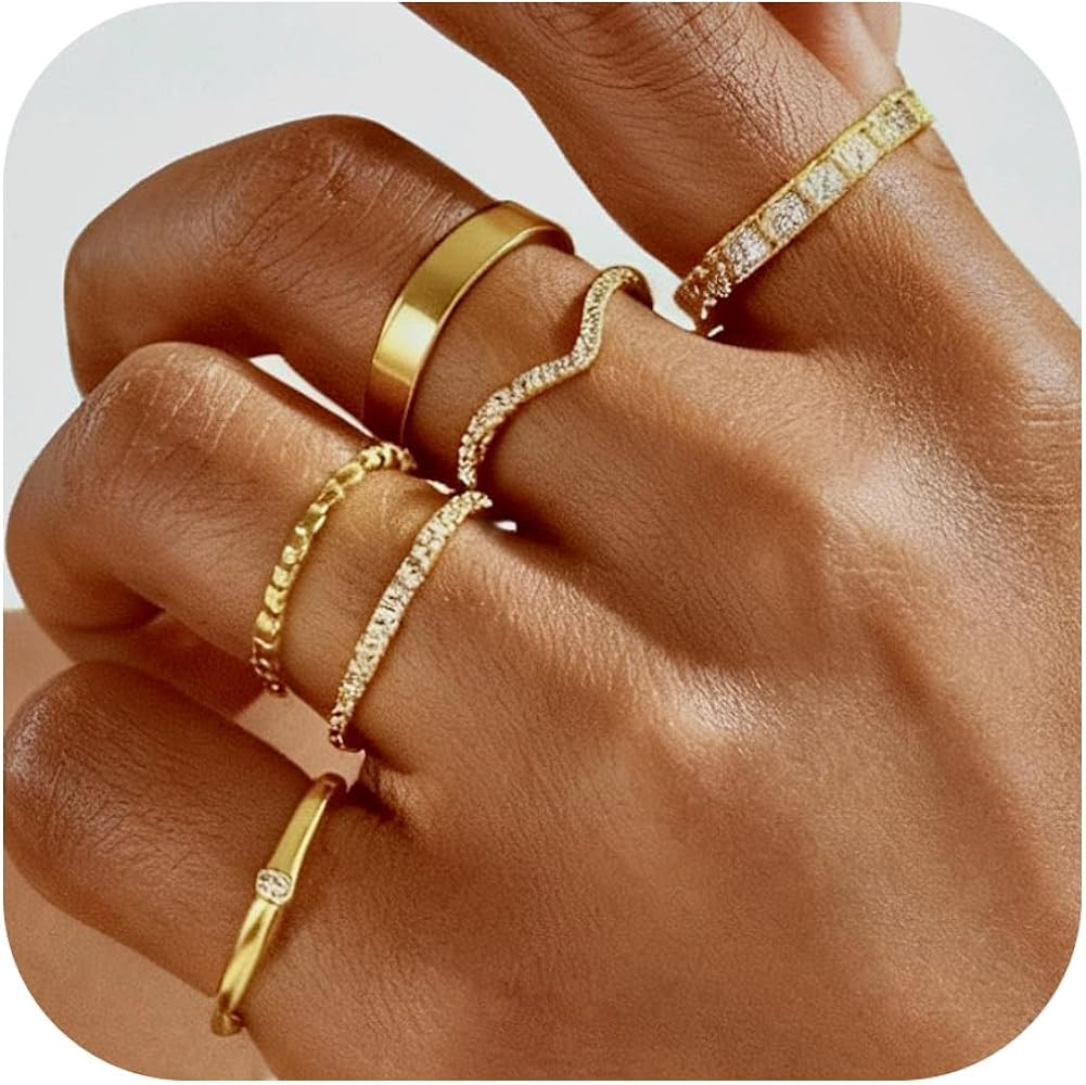 Stackable Gold Rings for Women Non Tarnish Dainty 14K Gold Plated Band Rings Cubic Zirconia Thumb... | Amazon (US)