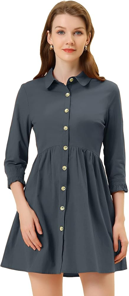 Allegra K Women's Casual Shirt Dress Ruched 3/4 Sleeve Button Down Work Mini Dresses | Amazon (US)