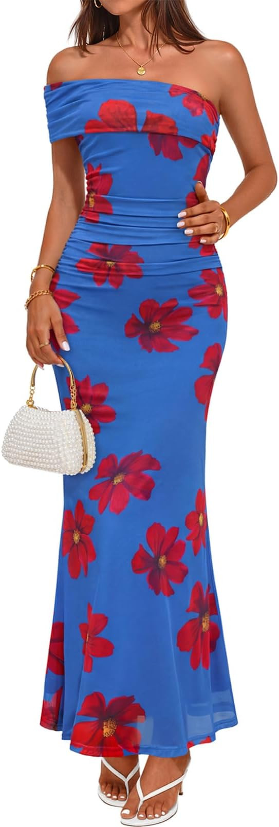 MEROKEETY Women's Floral Maxi Dress 2026 Summer Off Shoulder Ruched Mesh Bodycon Cocktail Wedding... | Amazon (US)