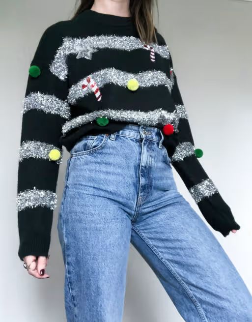 ASOS DESIGN Christmas sweater with tinsel and baubles in green | ASOS (Global)