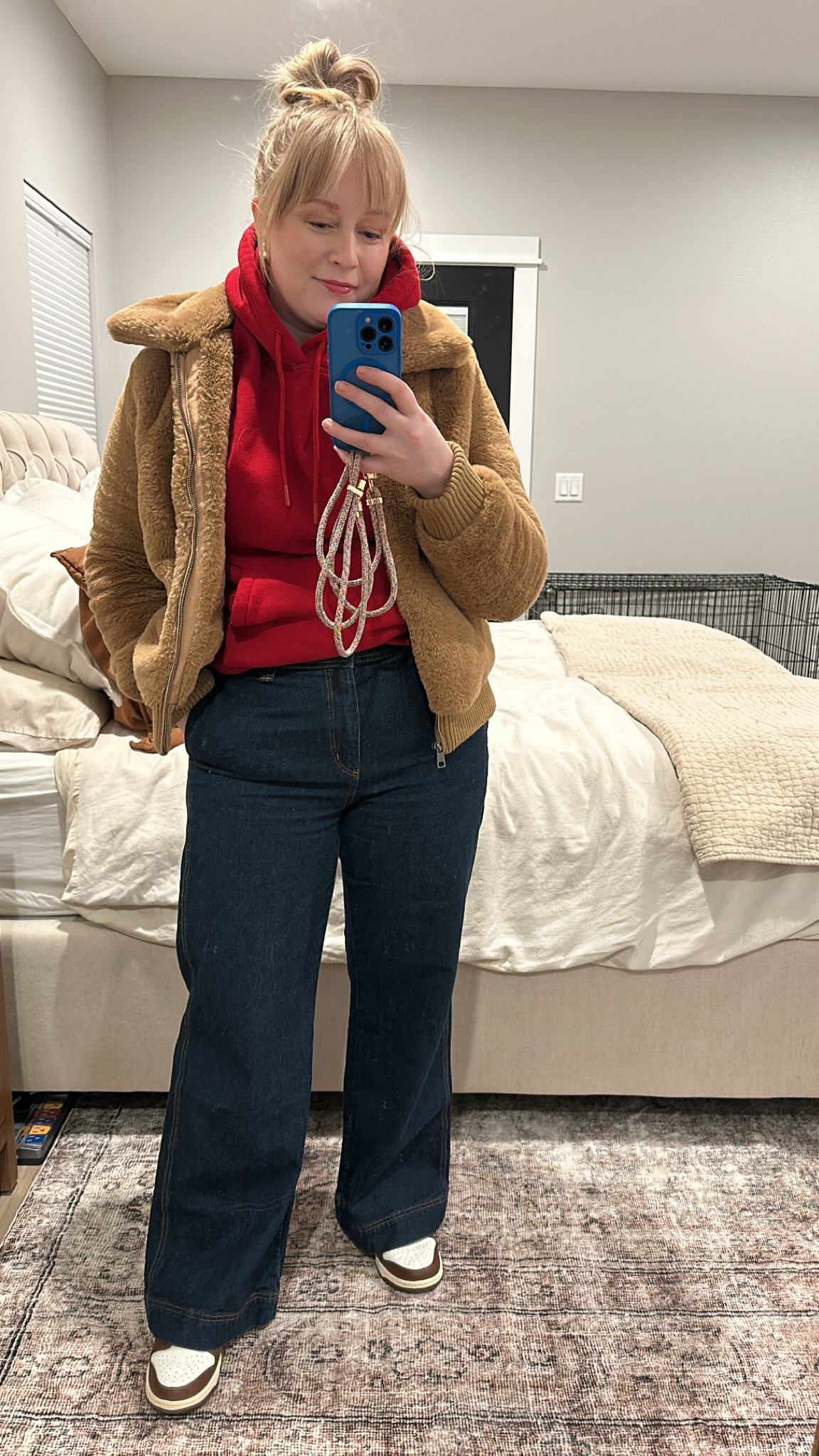 I have been wearing this red sweatshirt non stop. It is a men’s sweatshirt and I’m in a medium for a bit oversized feel. Jacket is old but I have linked some similar options  