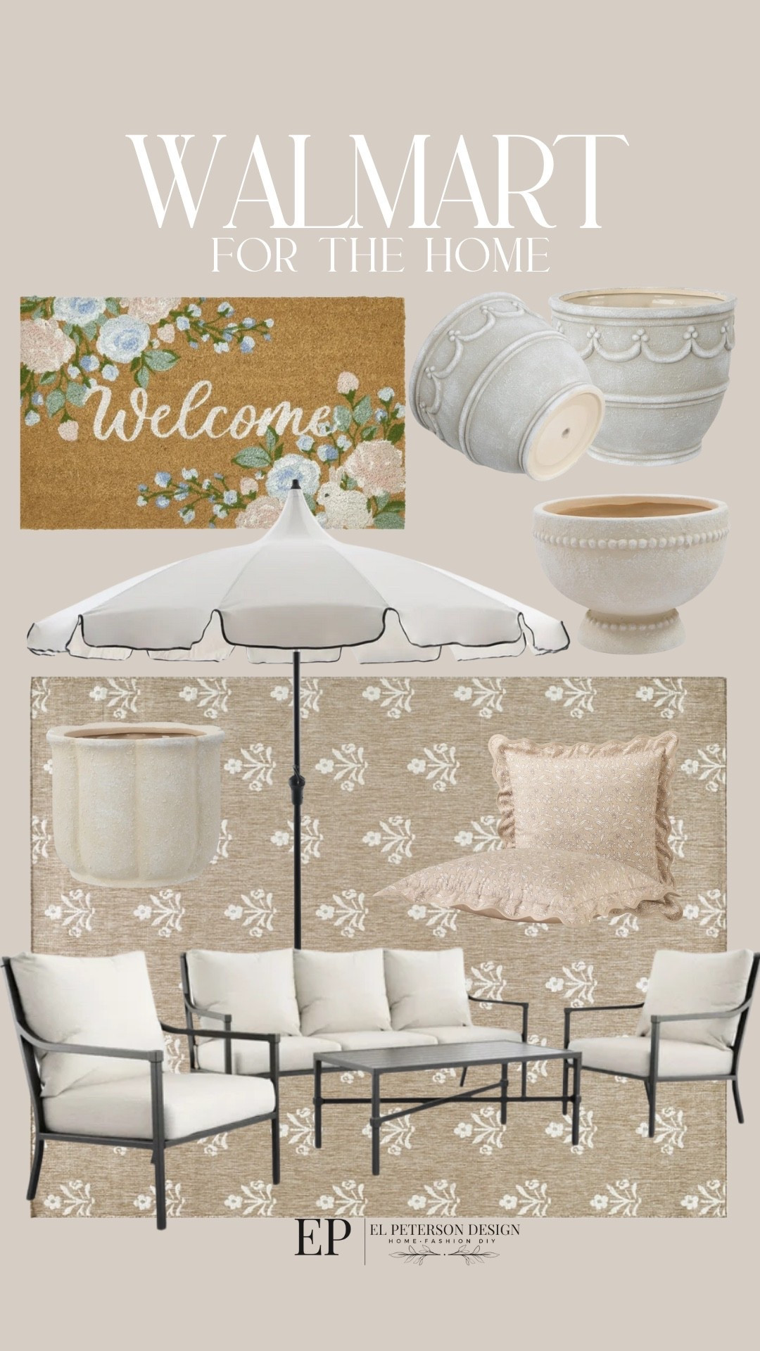 Walmart
Outdoors
Outdoor umbrella
Area  rug 
Pillow
Doormat
Planters 

#LTKHome