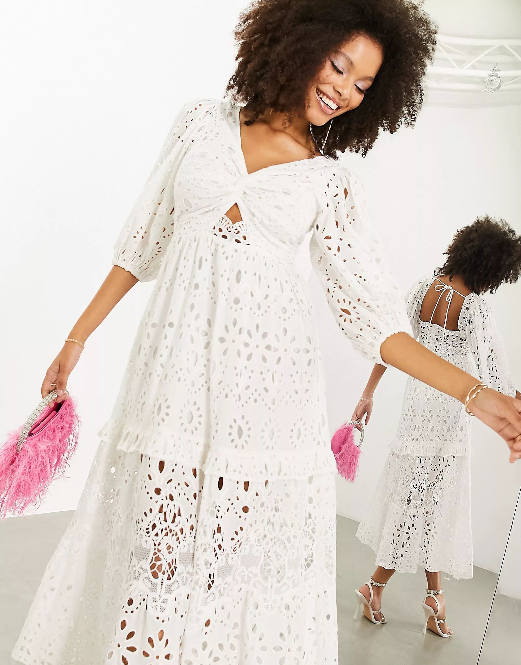 ASOS EDITION eyelet twist front midi dress with puff sleeve in white | ASOS (Global)