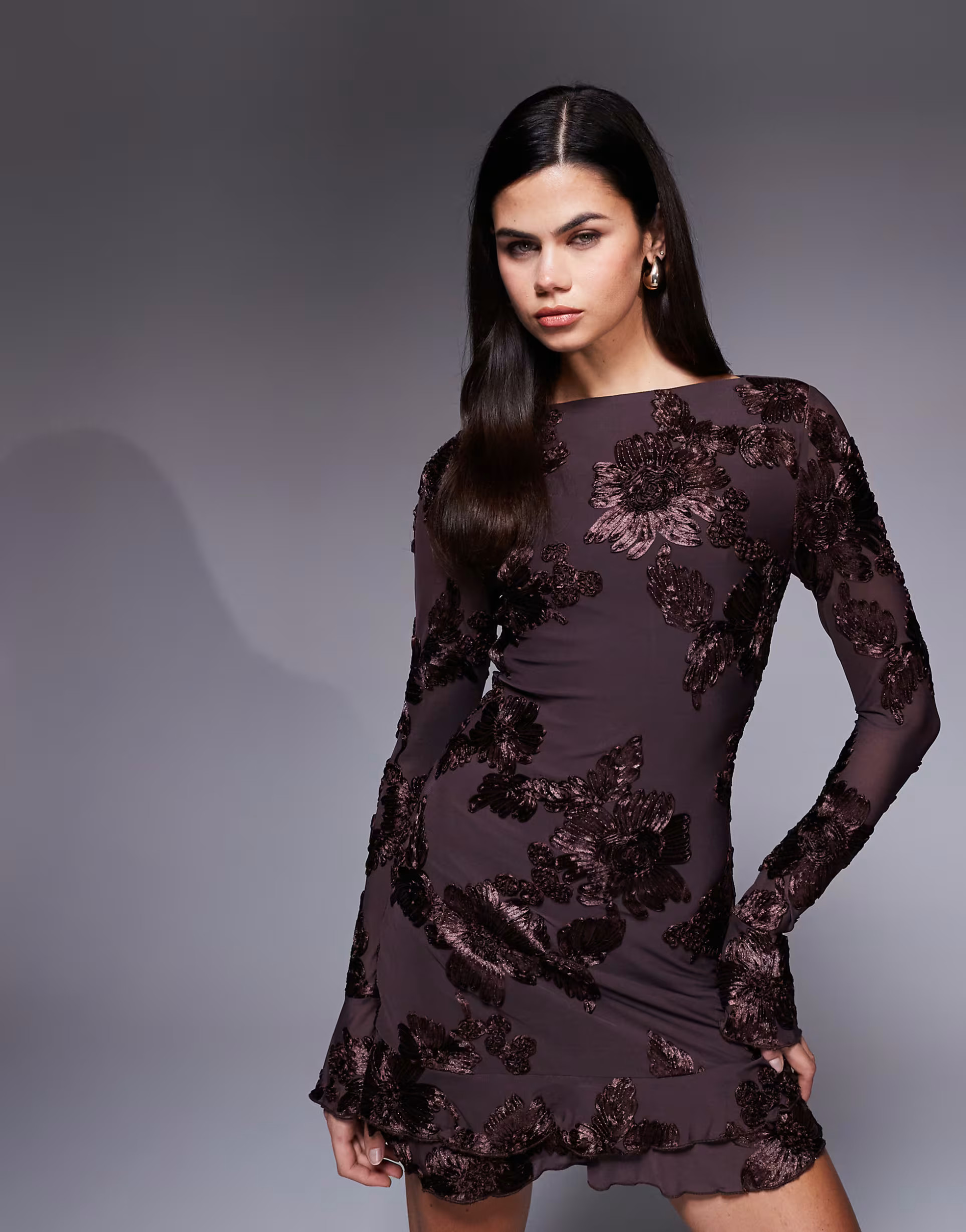 Kaiia exclusive textured floral slashneck ruffle hem mini dress in chocolate | ASOS (Global)