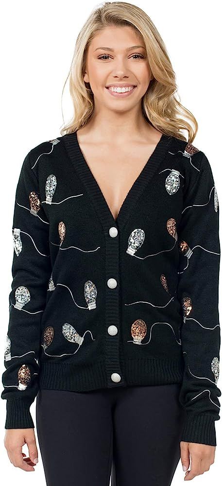 Women's Sequin Light Bulb Christmas Sweater - Black String Lights Christmas Cardigan | Amazon (US)