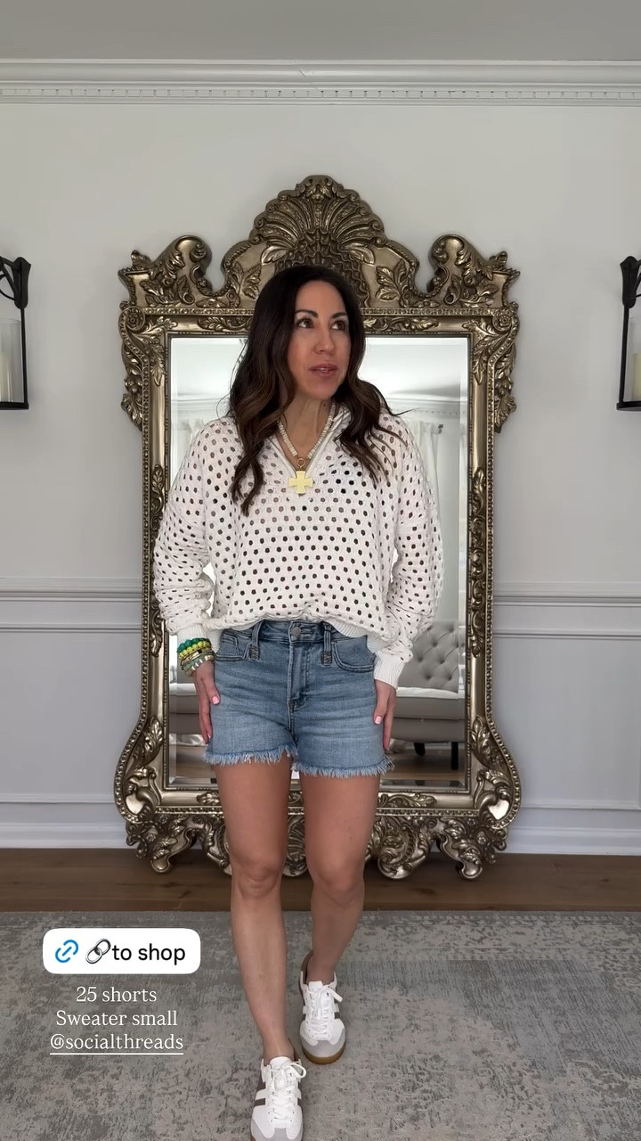 25. Denim shorts. Small sweater. Sneakers TTS.

#LTKPetite #LTKOver40