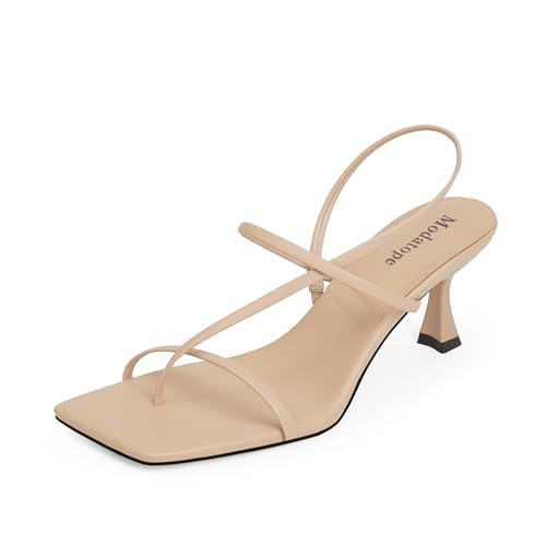 Modatope Nude Strappy Heels for Women Kitten Heel Open Toe Sandals Heeled Thong Sandals Women Size 7 | Amazon (US)