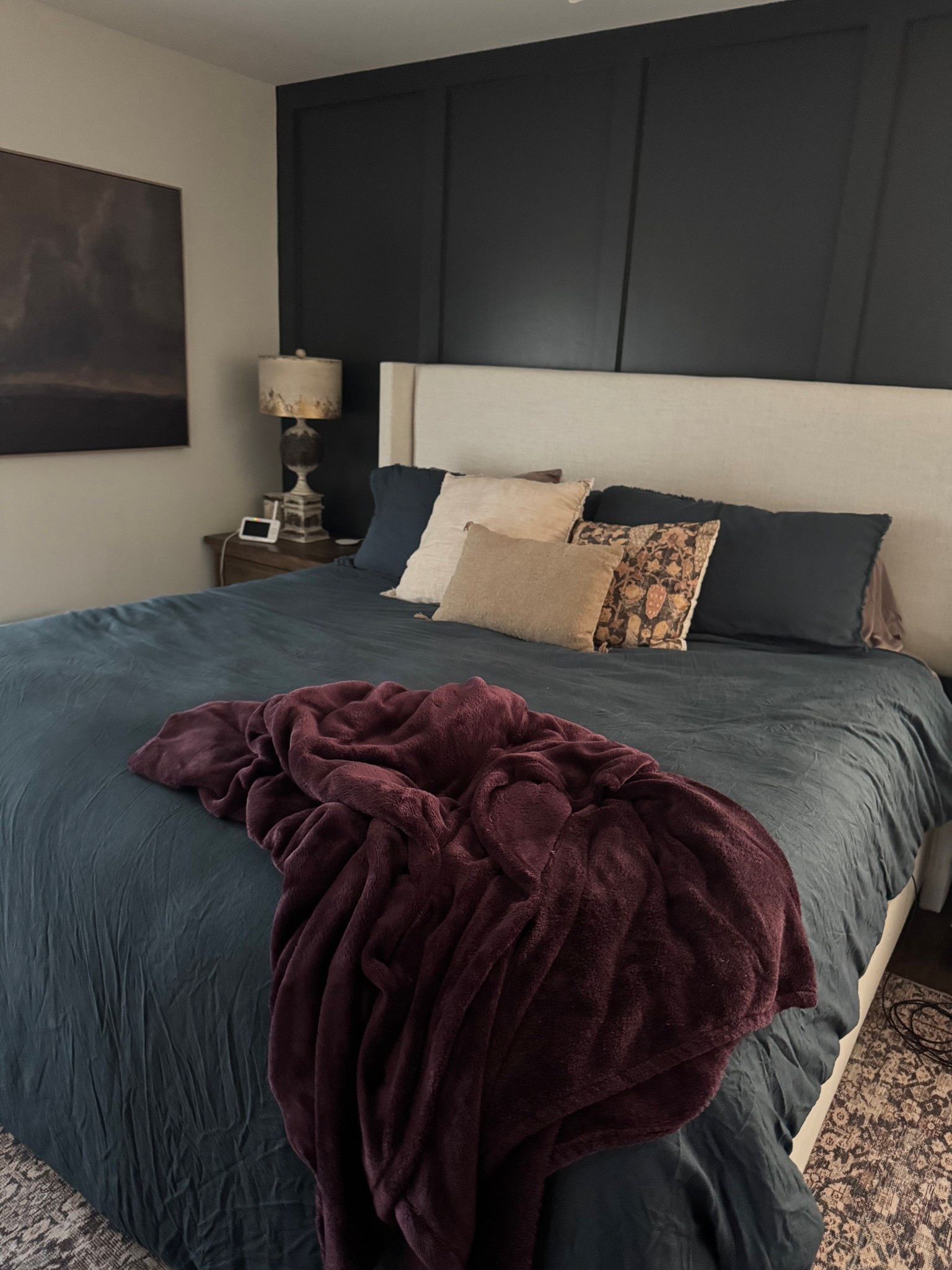 Moody bedroom, target bedding, Casaluna bedding, navy comforter, neutral throw pillows, moody navy art, neutral bedding, neutral rug, Amazon rug

#LTKStyleTip #LTKHome