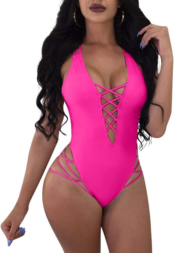 Womens Sexy One Piece Lace Up Straps Swimsuit Bathing Suit Swimwear | Amazon (US)