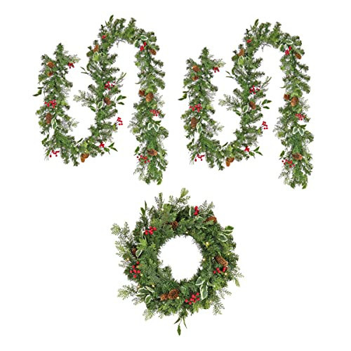 National Tree Company First Traditions Pre-Lit Christmas Wreath and Two Garlands with Berries and Pinecones, Warm White LED Lights, 9 ft | Amazon (US)