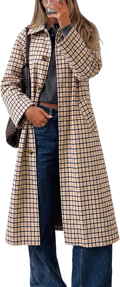 Cicy Bell Womens Plaid Trench Coat Fall Lapel Single Breasted Long Jacket | Amazon (US)