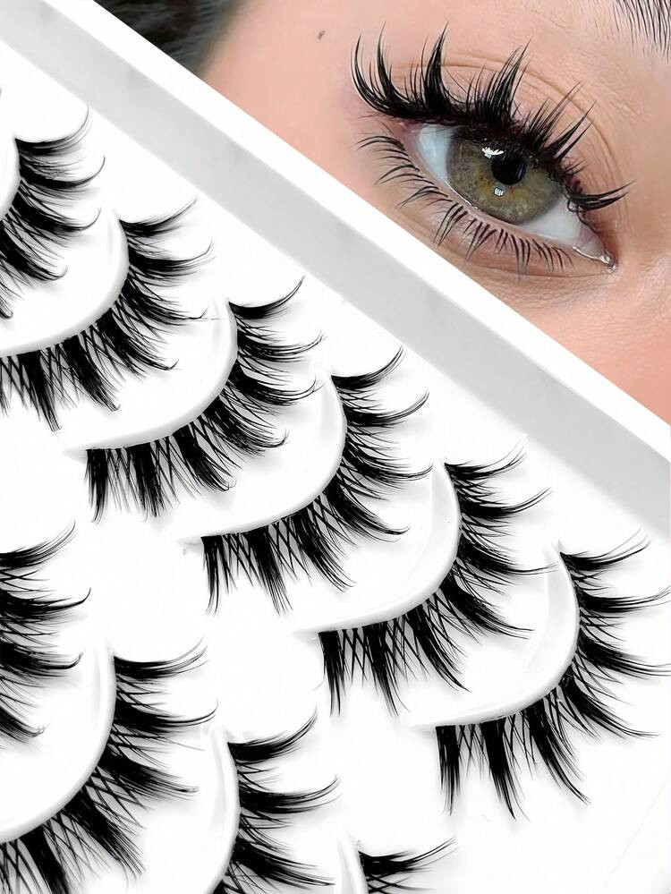 Asiteo Asiteo 10 Pairs Anime Thick Lashes, Grafting-Like Effect Style, Transparent Band, Reusable, Dramatic, Makeup Look For Cosplay And Stage, Dramatic Photogenic Eye Look, Easy Application For Beginners | SHEIN