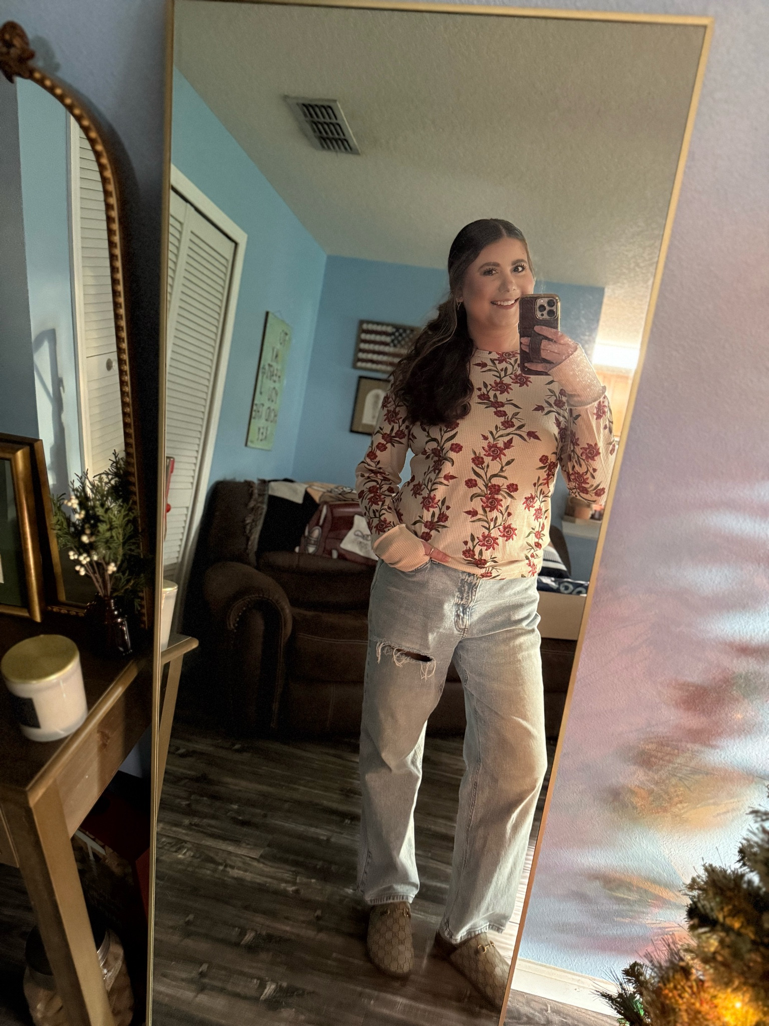 Mirror selfie🪞fit check. Gucci clogs, thermal top, ripped jeans. My floral thermal top looks like Free People. Shein find, FP lookalike 

#LTKHoliday #LTKStyleTip #LTKGiftGuide