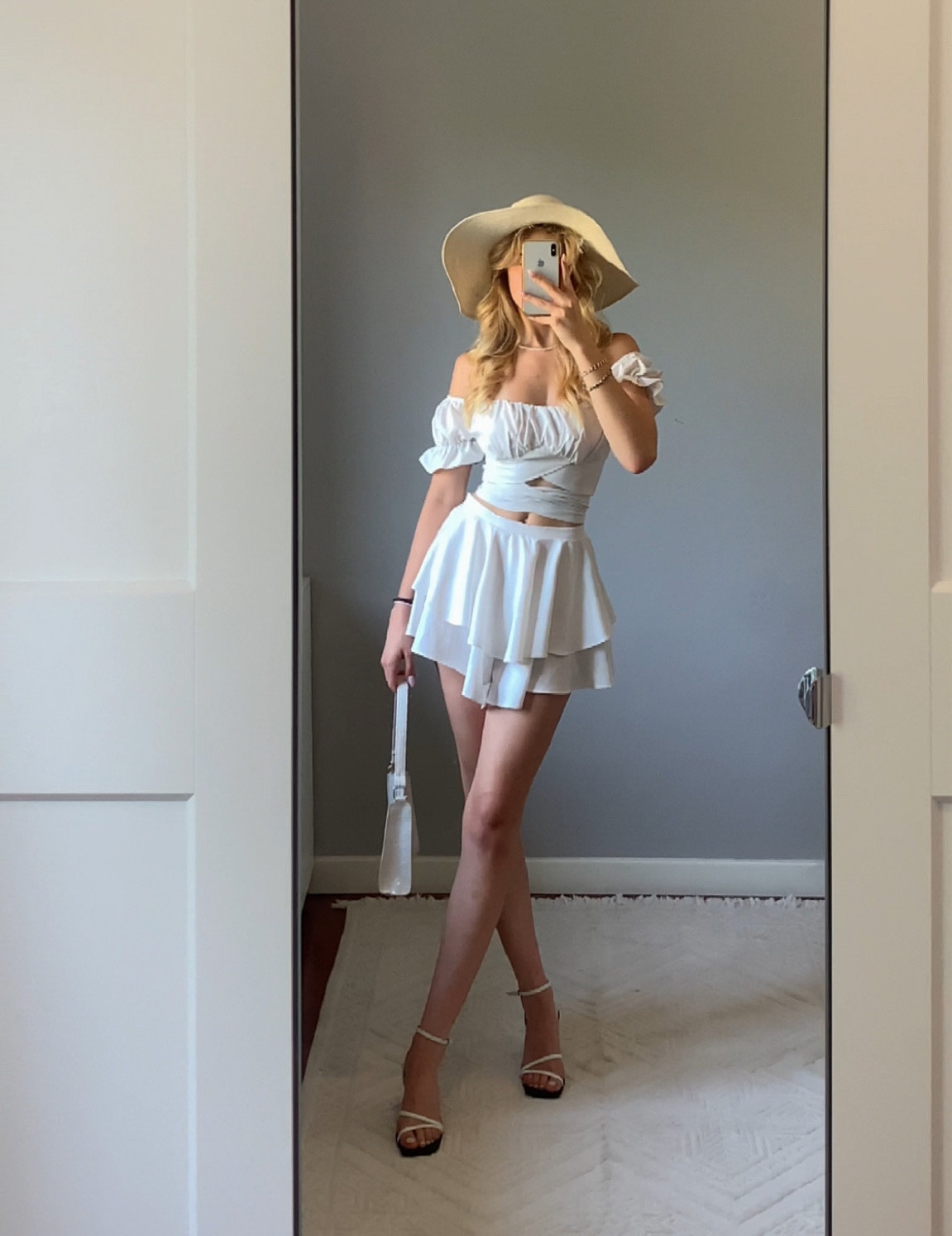 summer outfit, white set, white mini skirt, white crop top, shoulder bag, white sandals, beach hat 


#LTKtravel #LTKFind #LTKSeasonal