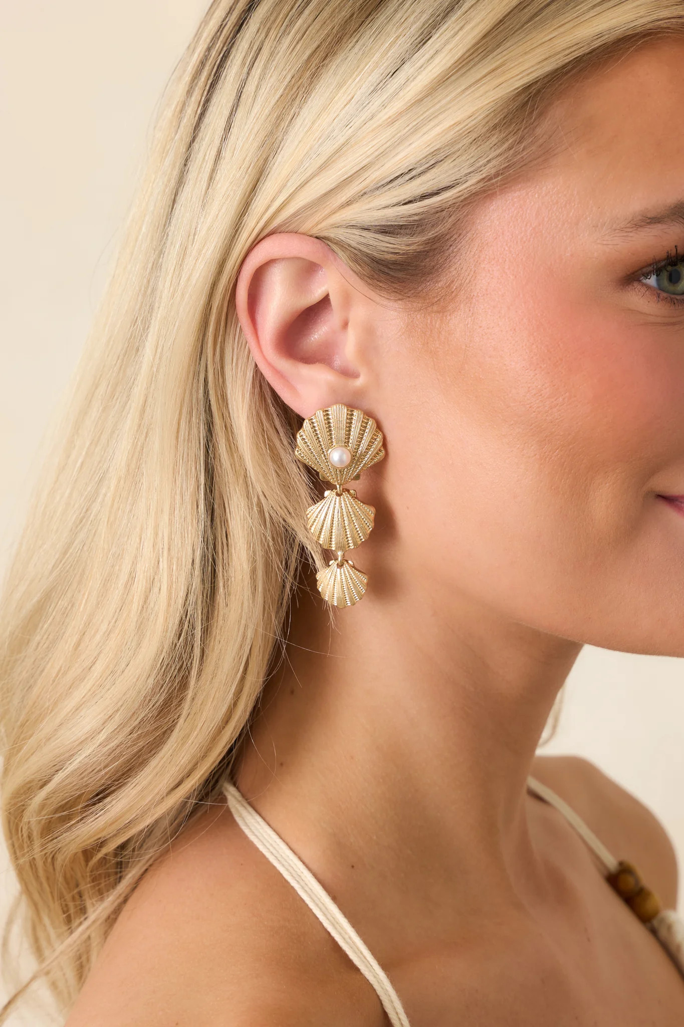 Shell We Dance Gold & Pearl Accent Drop Earrings | Red Dress