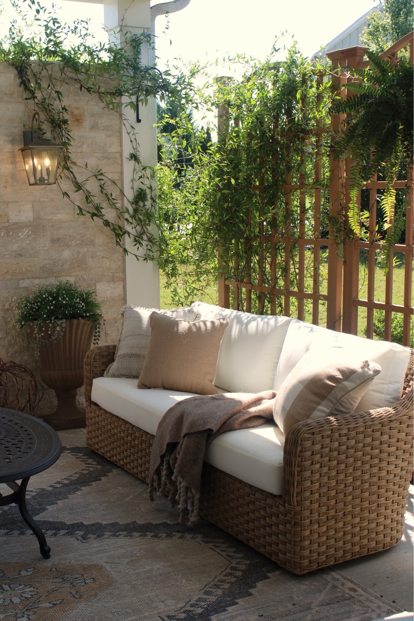 Fall patio views, Boca outdoor sofa, outdoor pillows, privacy trellis

#LTKdayinmylife #LTKHome