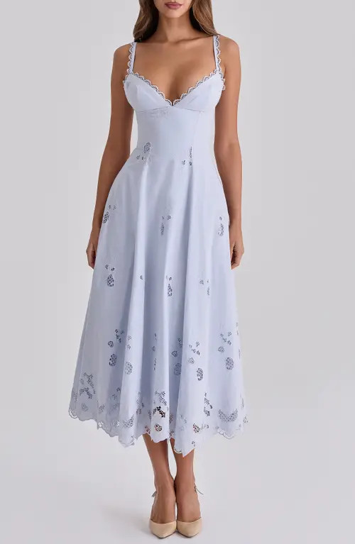 HOUSE OF CB Tatiana Bluebell Broderie Midi Dress at Nordstrom, Size Large A | Nordstrom