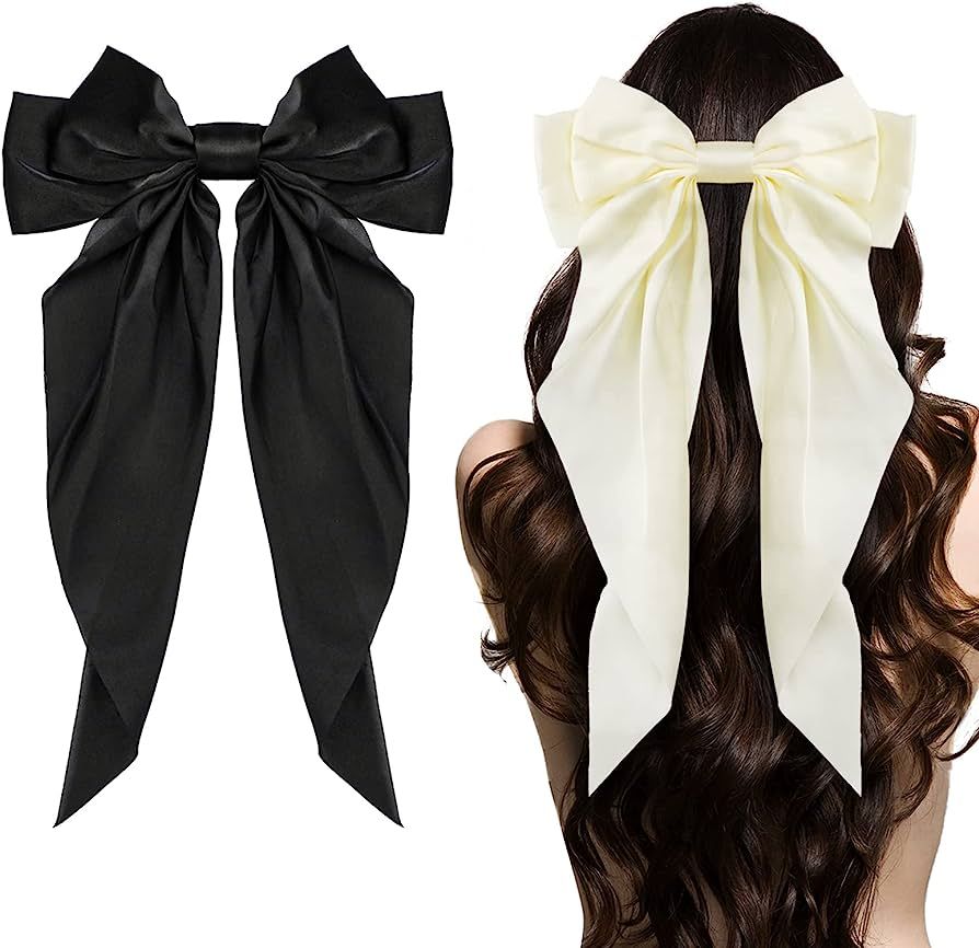 Big Bow Hair Clips 2pcs, Long Tail French hair Bows for Women Girl, Satin Silky Bow Hair Barrette... | Amazon (US)