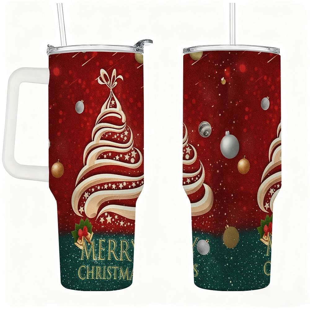 Merry Christmas Tree Tumbler with Lid and Straw, Red Gold Holiday Cup | Walmart (US)