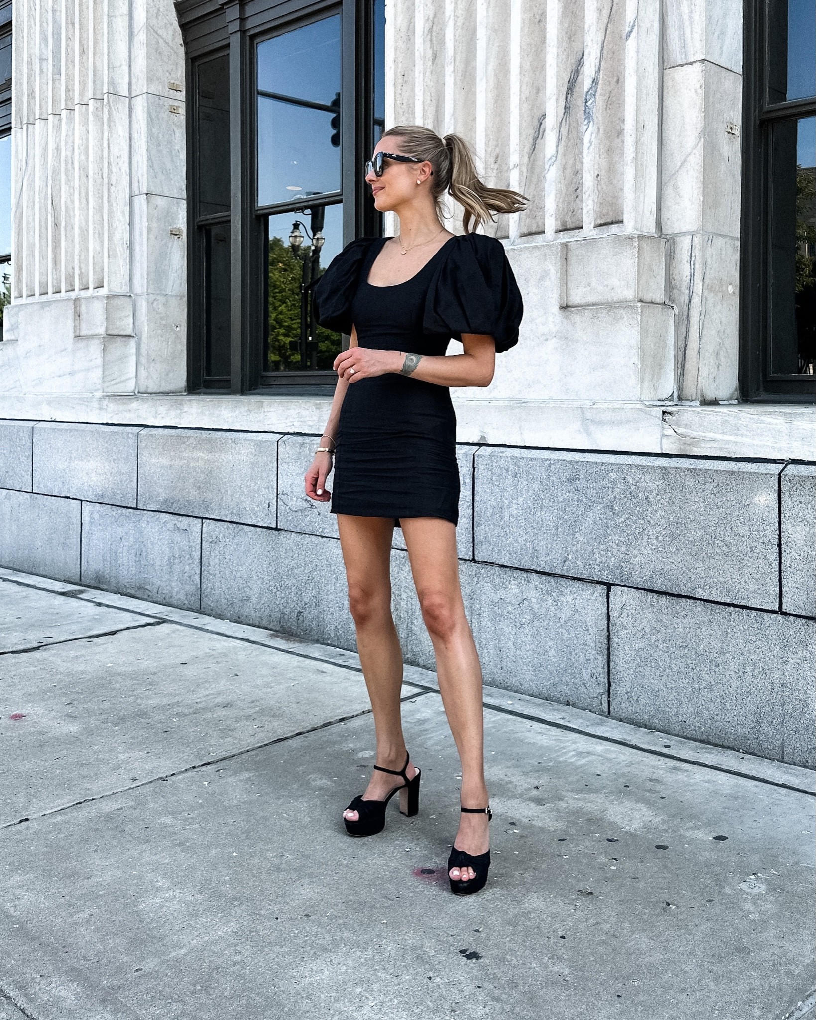 Fashion Jackson wearing black puff sleeve dress (tts), platform sandals, fall outfit, black dress 

#LTKSeasonal #LTKshoecrush #LTKstyletip