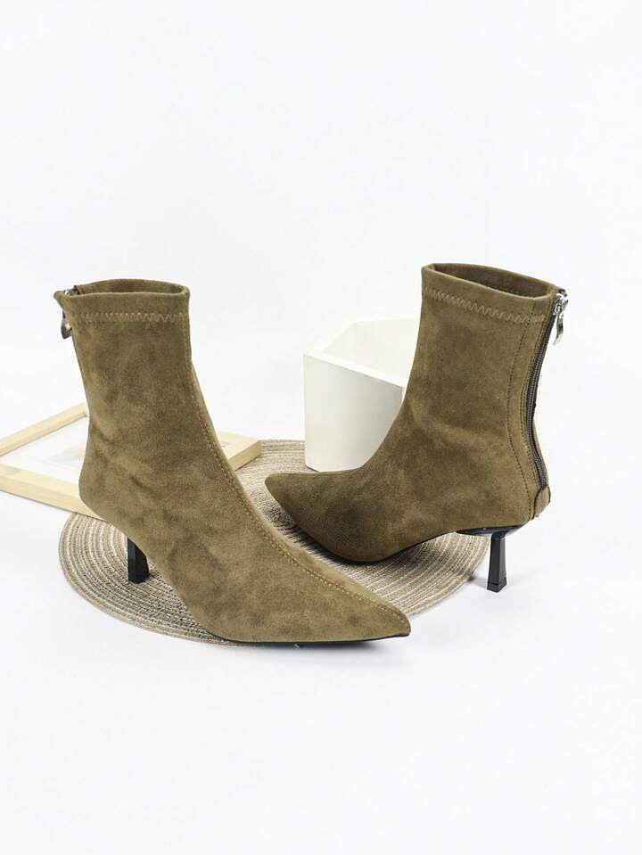 Fall/Winter 2025 Women's Black Suede Ankle Boots And Short Boots, 7cm High Heel, Elastic Slim Fit, Comfortable And Fashionable Boots, Black High Heels, Wine Glass Heel, Oil Leather | SHEIN