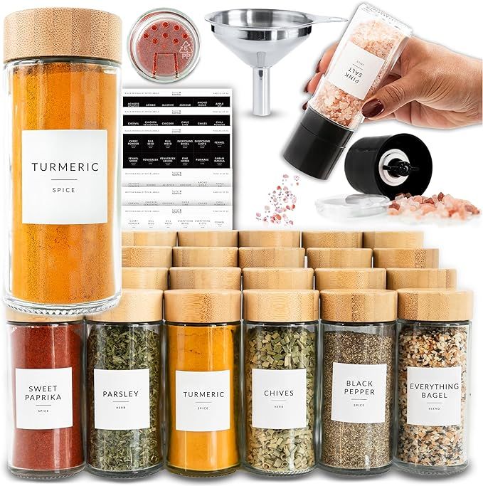 24 Glass Spice Jars with Label, Round Bamboo Spice Jar Set 4oz Seasoning Containers with Labels, ... | Amazon (US)