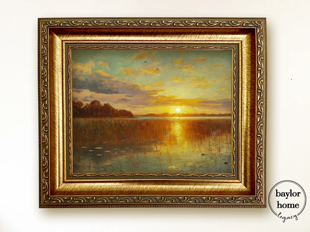 Framed Sunset Painting, Oil Painting Print on Canvas of Sunset Over a Pond, Vintage Sunset Print,... | Etsy (US)