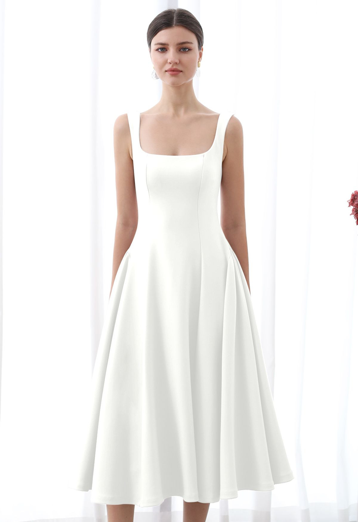 Square Neck Fit and Flare Midi Dress in White | Chicwish