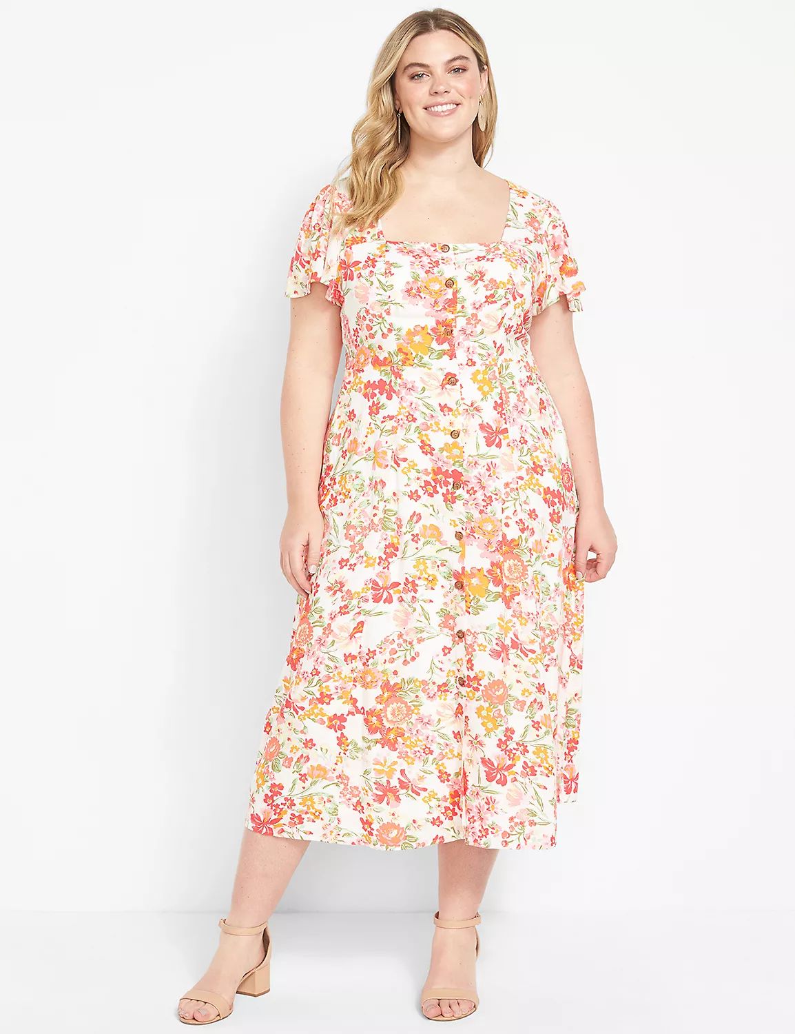 Flutter-Sleeve Faux-Button Midi Dress | LaneBryant | Lane Bryant (US)