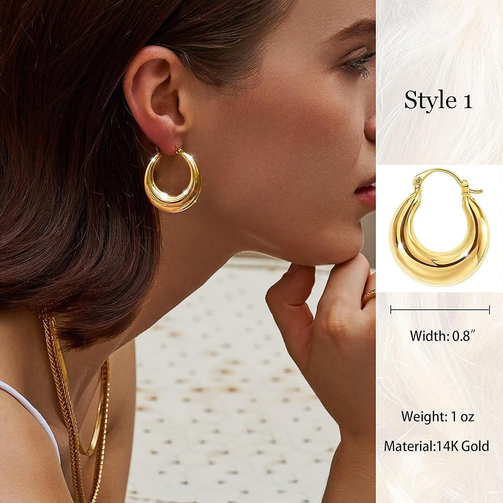 Chunky Gold Hoop Earrings for Women, 14k Gold Plated Thick Triple Hoop Earrings Hypoallergenic Tr... | Amazon (US)