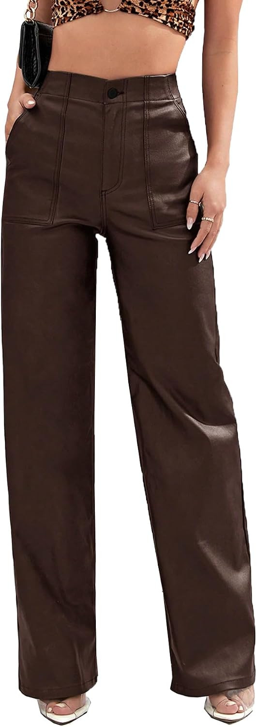 Faux Leather Pants High Waist Coated PU Button Straight Leather Black Leggings Wide Leg Pants with Pockets | Amazon (US)