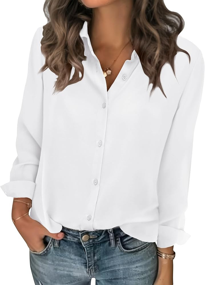 Zeagoo Women Blouses Chiffon Long Sleeve Button Down Shirts Business Causal Dressy Work Top V Nec... | Amazon (US)