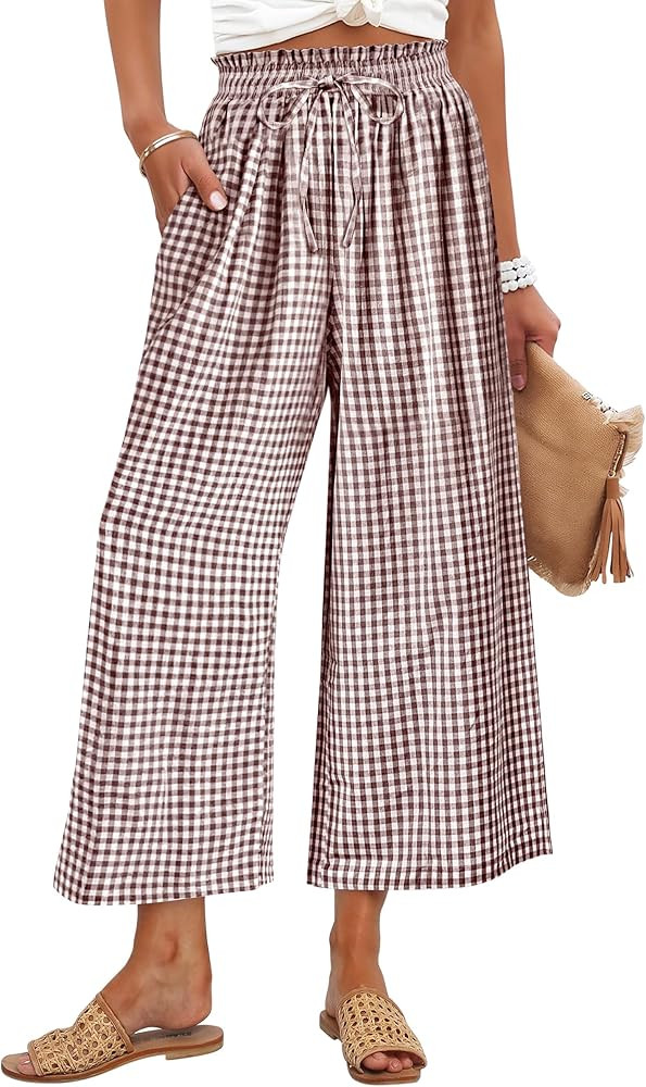 ANRABESS Womens Striped Gingham Palazzo Capri Pants Pajama Wide Leg Lounge Trousers Plaid Cute Cr... | Amazon (US)