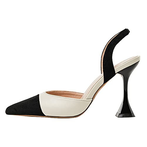 Coutgo Women's Slingback Pumps Pointed Toe Slip On Stiletto Heels Patchwork Dress Party Shoes White/Black | Amazon (US)