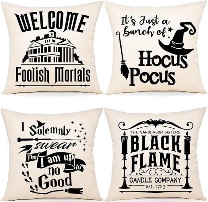 Halloween Pillow Covers 18x18 Set of 4 Halloween Farmhouse Decor Hocus Pocus Quote Saying Pillow ... | Amazon (US)