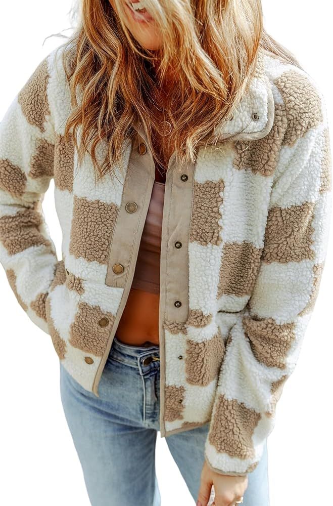 EARKOHA Womens Casual Jackets Long Sleeve Brown Checked Snap Button Sherpa Jacket | Amazon (US)