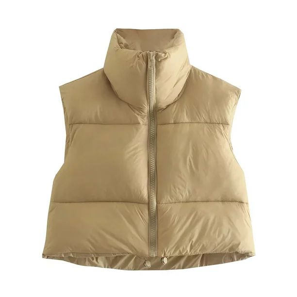 Hotian Women Winter Crop Puffer Vest Jacket Sleeveless Padded Gilet Khaki M - Walmart.com | Walmart (US)