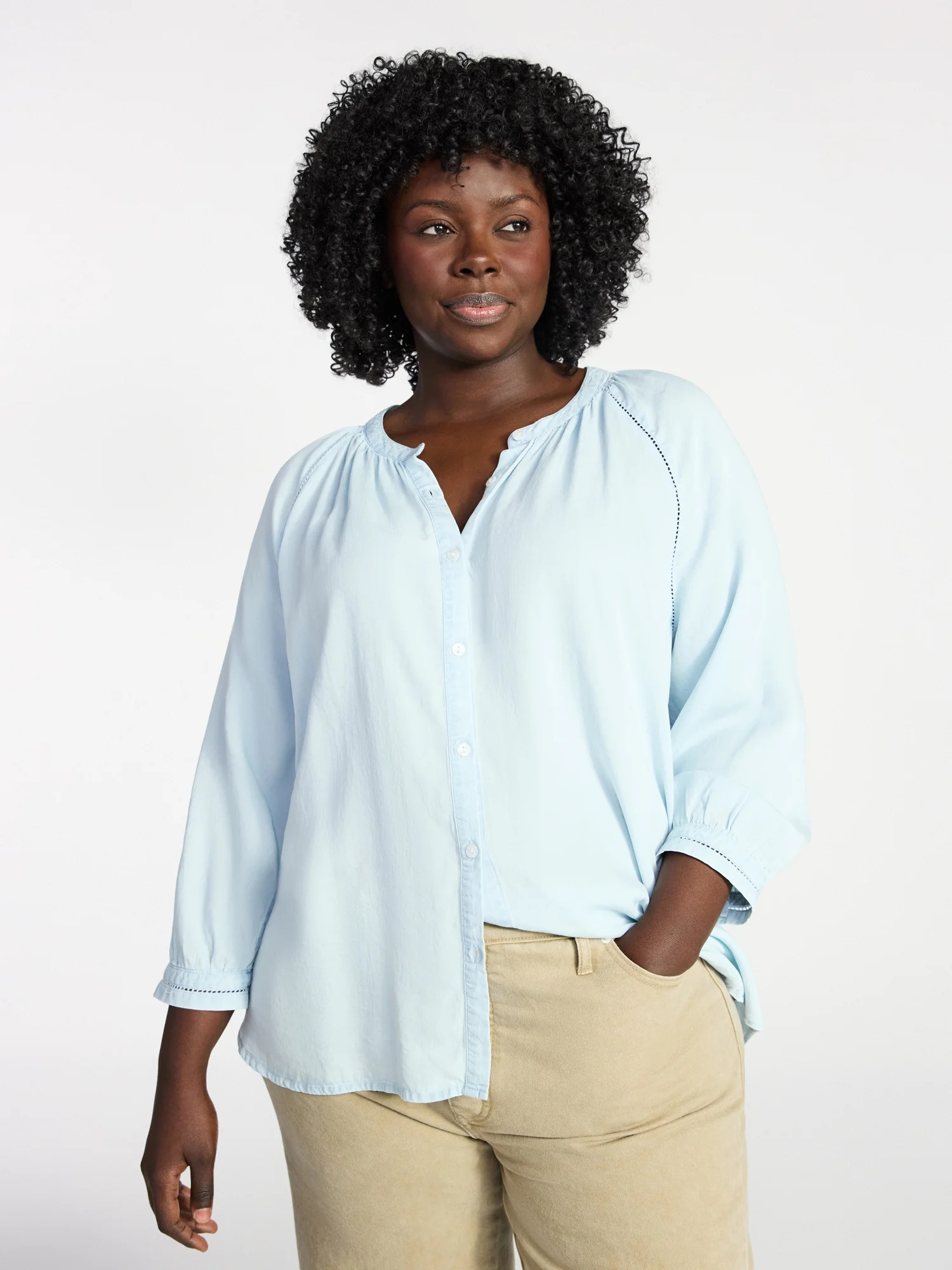 Terra & Sky Women's Plus Size Button Blouse with 3/4-Length Sleeves, Sizes 0X-5X | Walmart (US)