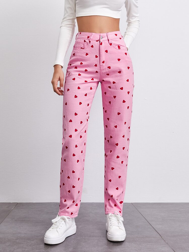 High Waist Heart Print Straight Jeans | SHEIN