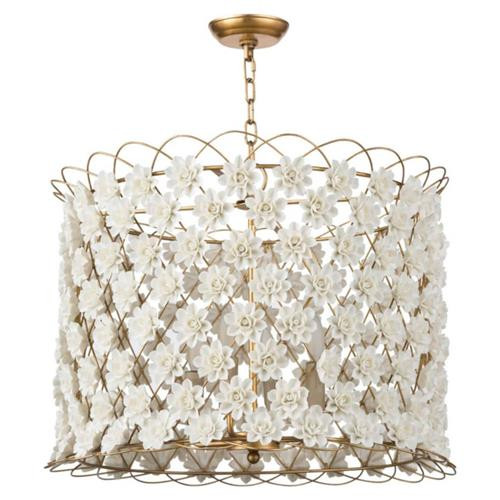 Regina Andrew Alice Coastal White Porcelain Flowers Gold Iron Chandelier | Kathy Kuo Home
