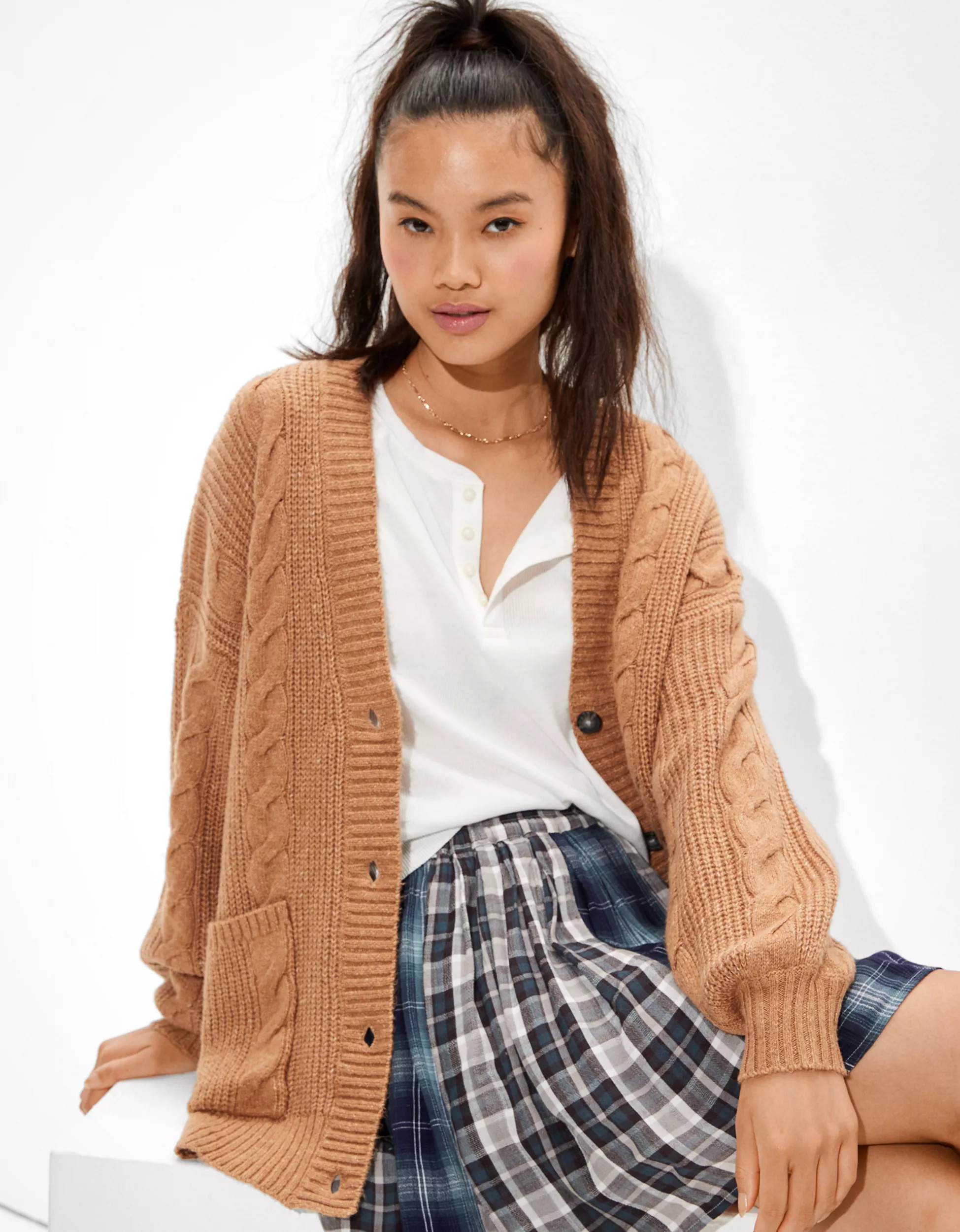 AE Oversized Cable Knit Button-Up Cardigan | American Eagle Outfitters (US & CA)