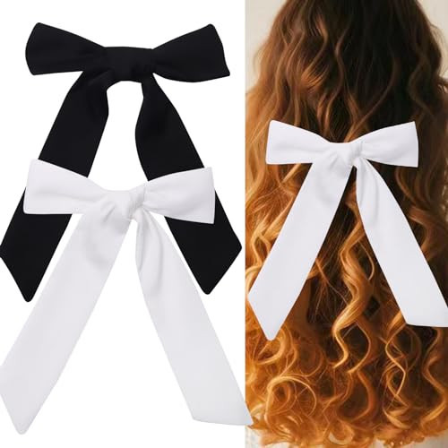 Purggy Hair Bow Clips for Women Girls, Satin Ribbon Hair Bows with Long Tail, Bowknot Tassel Claw Hair Clip, 2 Count (Satin White Black) | Amazon (US)