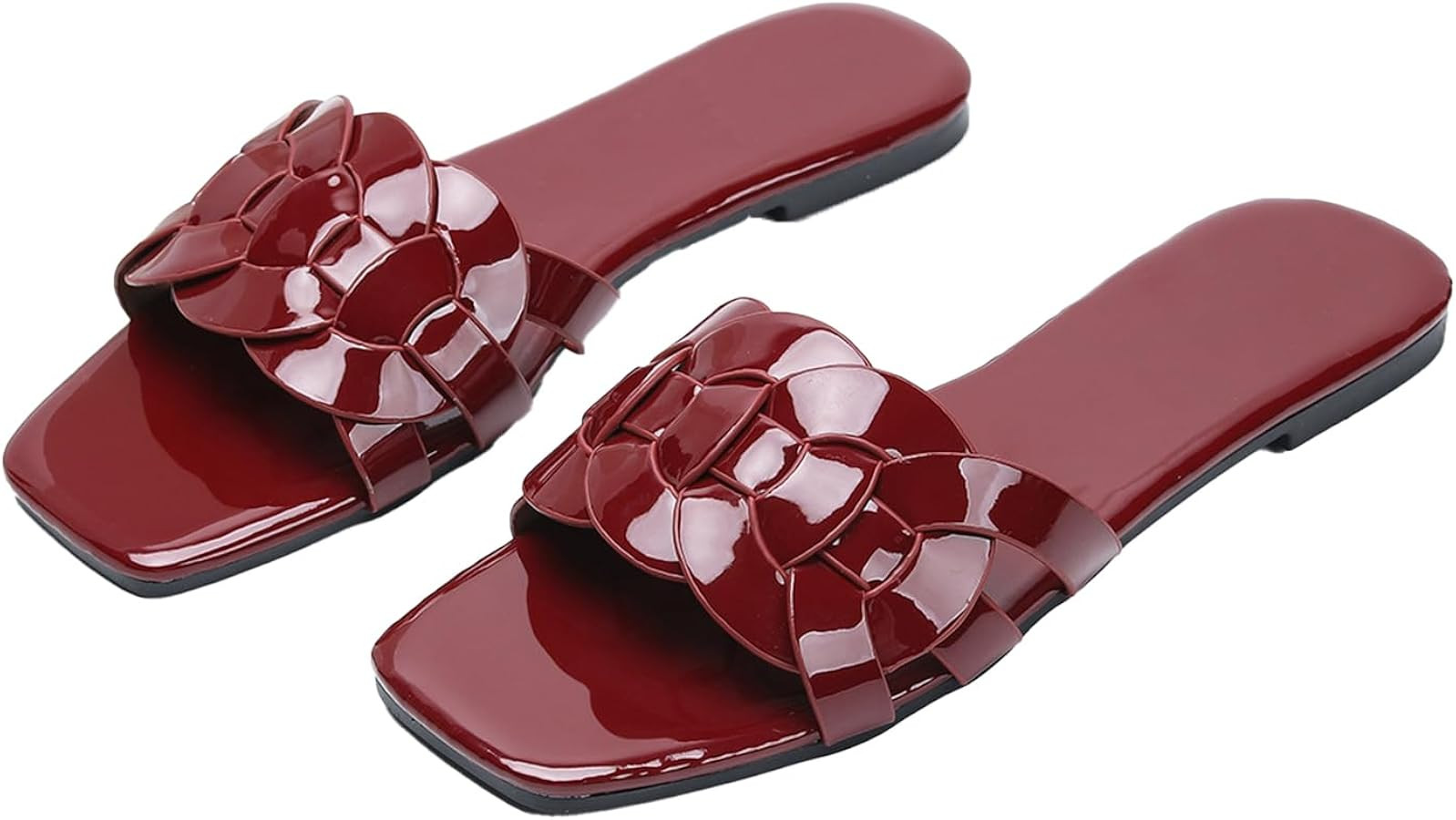 Women's Wine Red Patent Leather Flat Sandals,Summer Square Open Toe Fashion Woven Wide Single Ban... | Amazon (US)